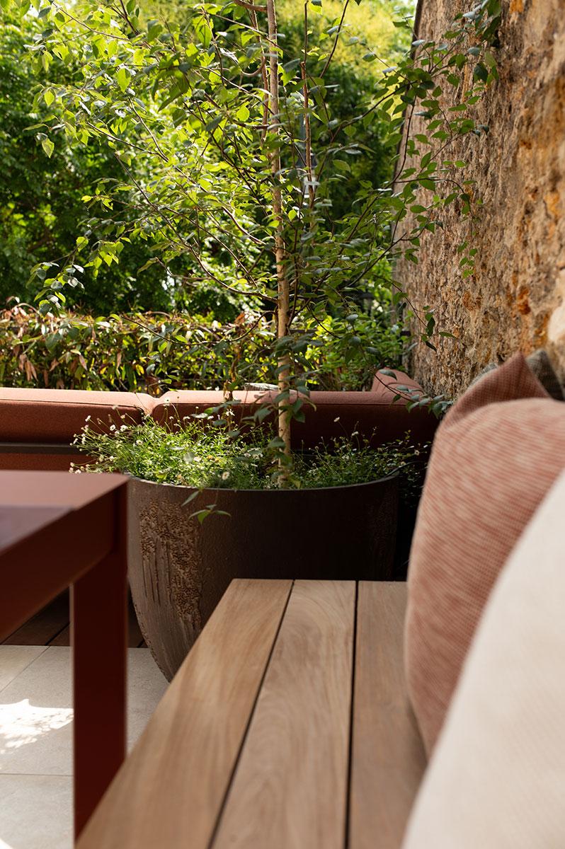 Détail de la terrasse Concorde : plante en pot et banc